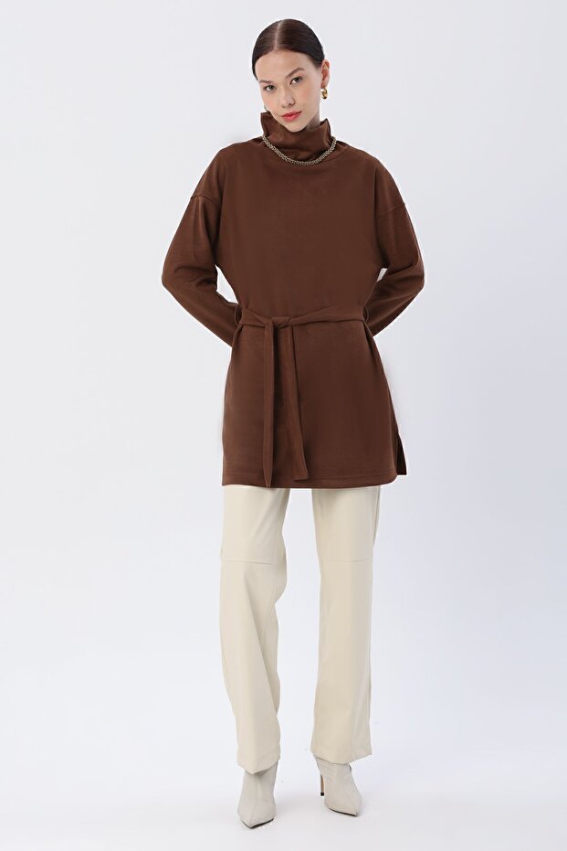 Brown Belted Turtleneck Tunic