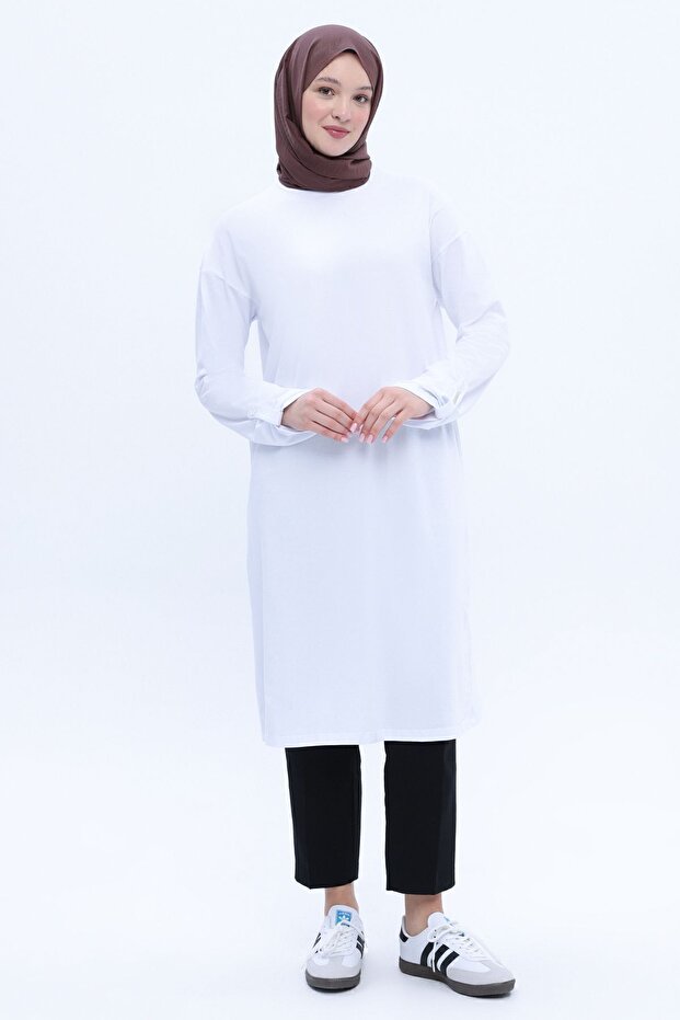 White Cotton Tunic with Back Slits and Epaulettes