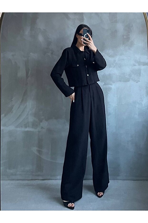 Black Raw Linen Jacket Palazzo Pants Set - 7106