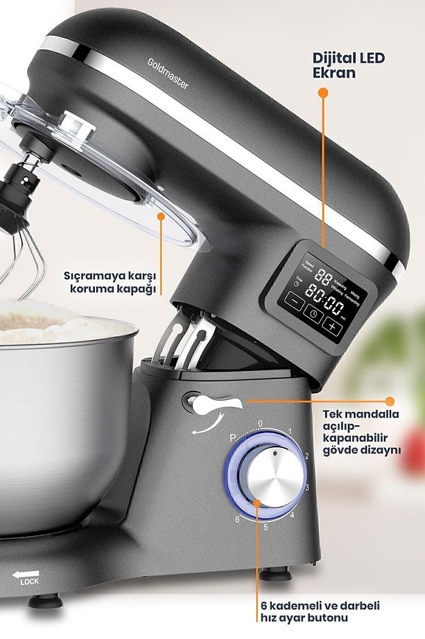 Süpermix Dokunmatik 1500Watt 5.5 Litre Çırpma Karıştırma Yoğurma Antrasit Stand Mikser Mutfak Şefi - 6