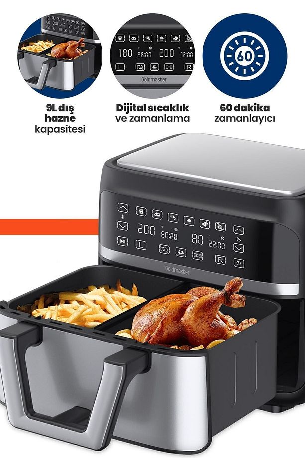 Doublefry 2850w 9 Litre 3xl Dev Tek Ve Çift Hazneli Dokunmatik Airfryer Yağsız Sıcak Hava Fritözü - 7