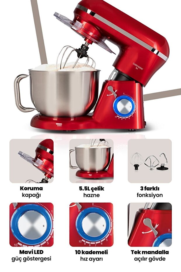 Red 5.5 Liter 10 Level Impact Mixer - Speed Adjustable Whisk and Mixing Kneading Stand - 2