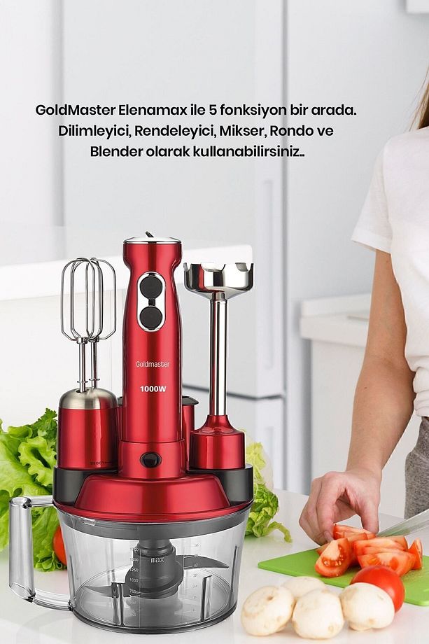 Elenamax Kırmızı 1000 Watt Hız Ayarlı %100 Bakır Motor 5 In 1 Mutfak Robotu Multi Blender Seti - 8