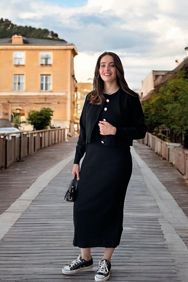 Ceketli Elbiseli Triko Takım - Siyah - 3