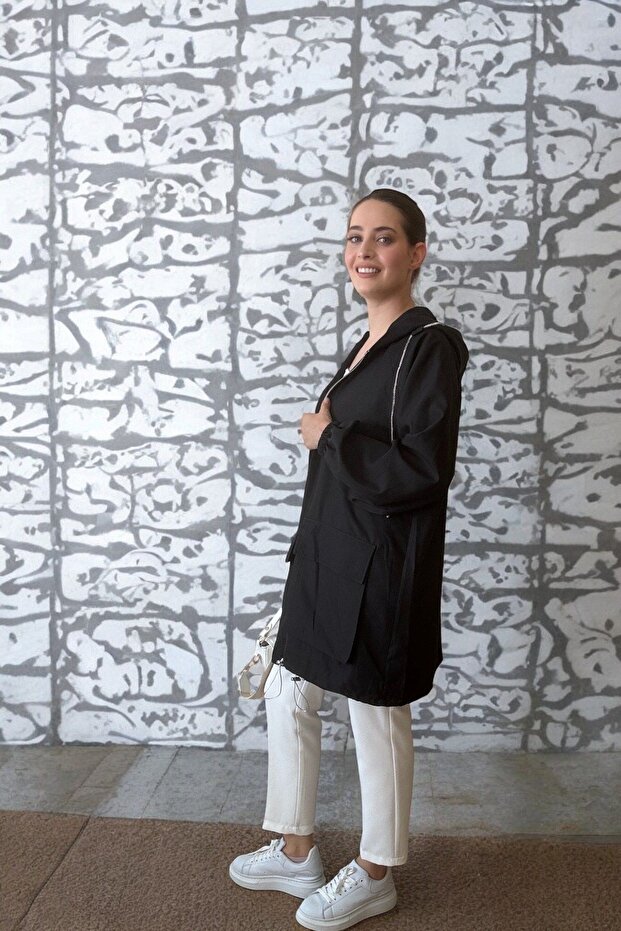 Fermuarlı Kapüşonlu Siyah Tunik - 2