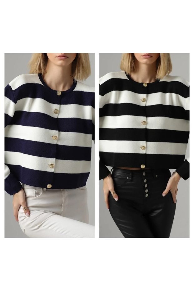 Women's Crew Neck Striped Crop Cardigan (Dark Blue-Beige Black-White) 2-Pack