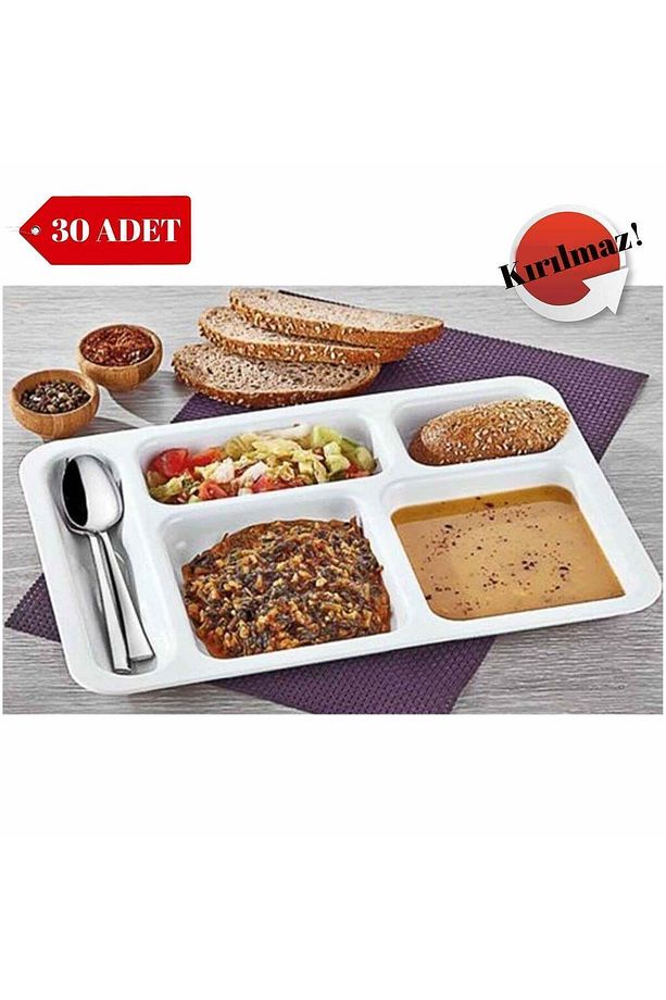 30 Adet Kırılmaz Tabldot Tabak, Self Servis, Yemekhane, Okul, 5 Bölmeli, Tabilot, Tabildot, Lokanta - 2