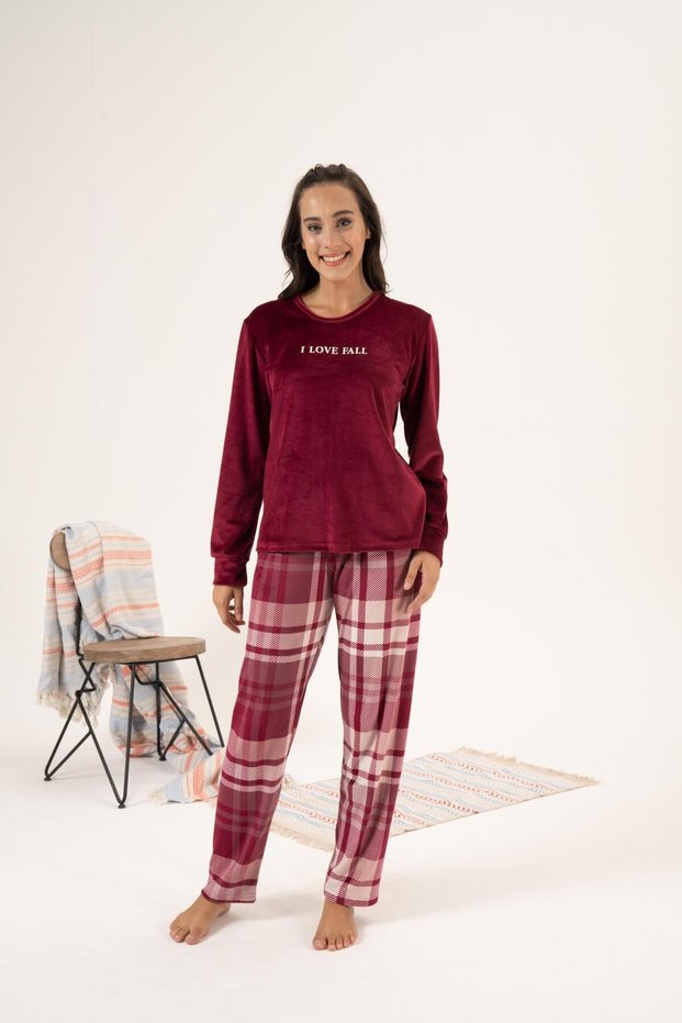 Women's Winter Checkered Velvet Pajama Set Burgundy