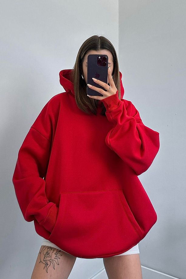 Kadın Oversize Trend  Model Kanguru Cep Kapşonlu Sweatshirt Eşofman Takımı - 6