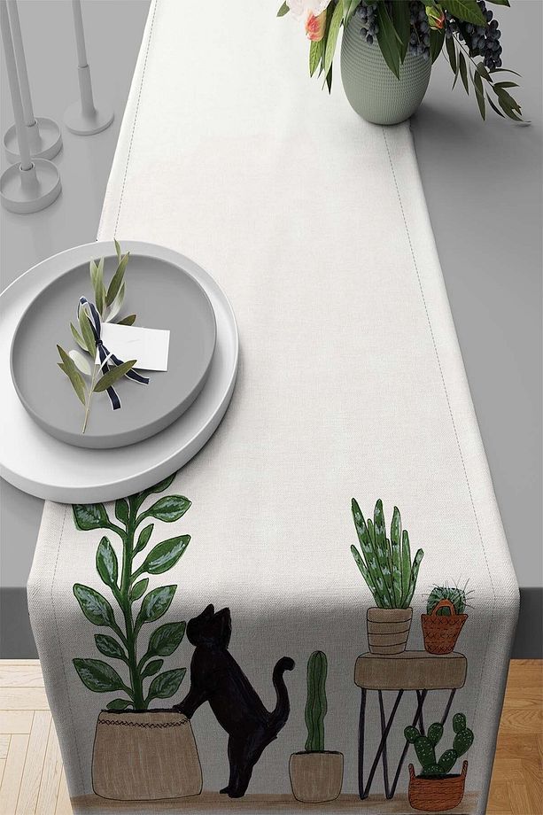 40x140cm Runner Dokuma Leke Tutmaz Premium Tay Tüyü Kumaş Masa Örtüsü Kaktüslü Rnr444 - 1
