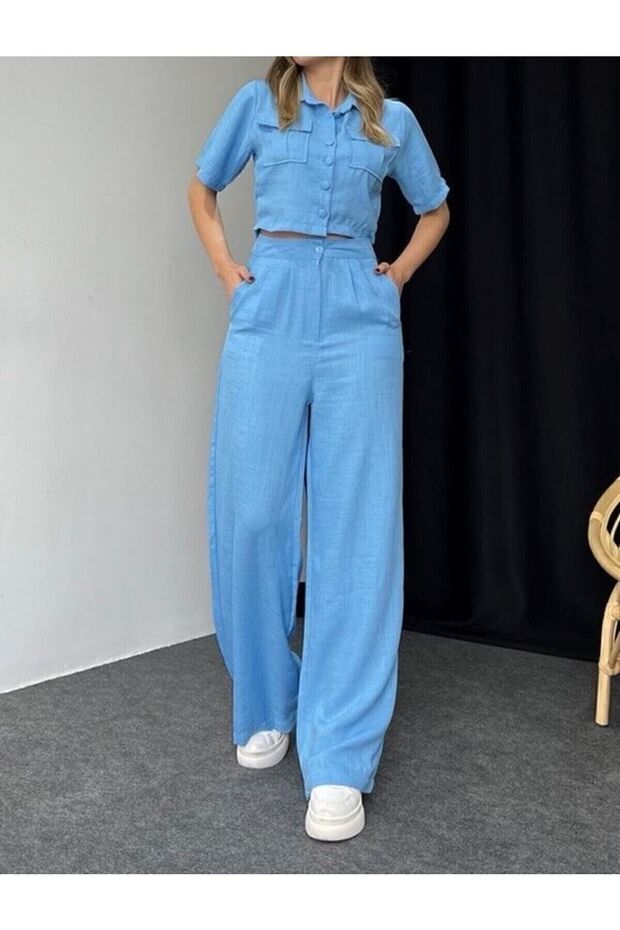Ikmal Linen Shirt Jacket Pants Women's Set Light Blue