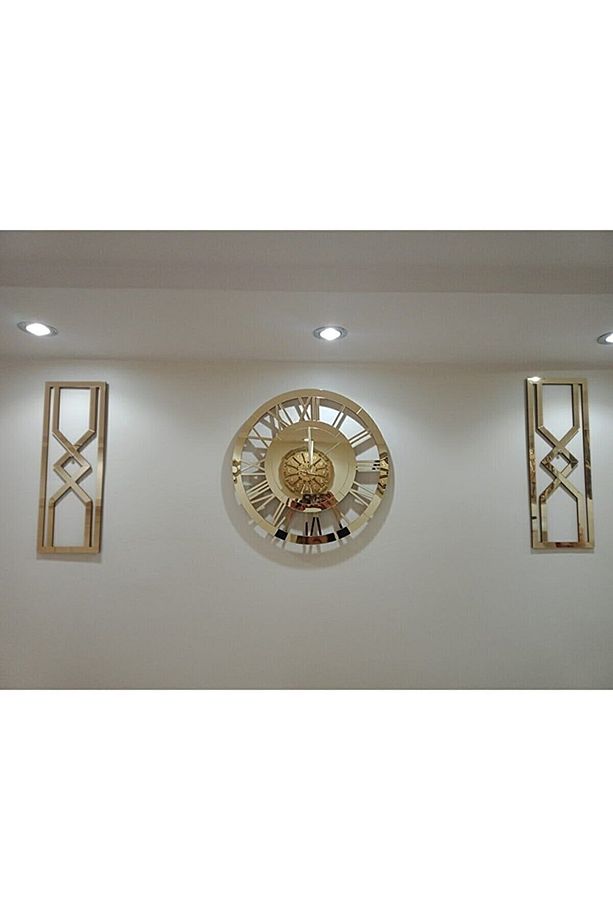 Modern Dekoratif Gold Aynalı Plexiglass Duvar Saati, 2 Adet Kum Saati Tasarım Tablo 3 Parça Set - 1