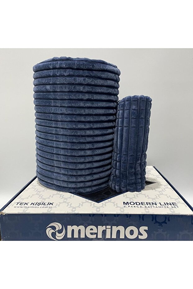 Merinos Modern Lıne Tek Kişilik Battaniye 2 Parça Yatak Örtüsü Seti modernlıneteklacivert02 - 4