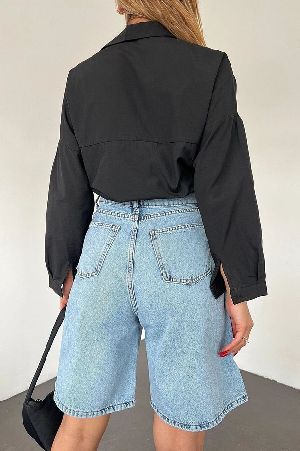 Kadın Buz Mavisi Çift Cepli Bermuda Denim Şort Bcdf-233303 - 5