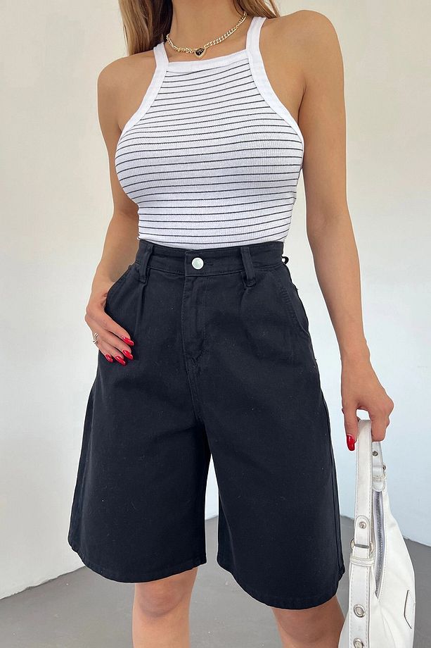 Kadın Siyah Çift Cepli Bermuda Denim Şort Bcdf-233303 - 4