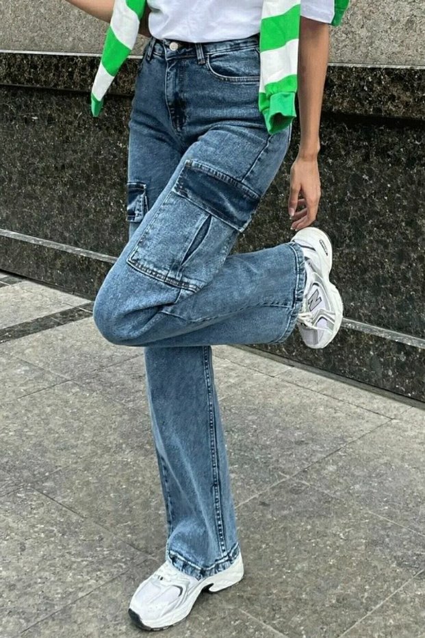 Medium Snow Wash Blue Cargo Loose Back Pocketless Lycra Super High Waist Jean Trousers