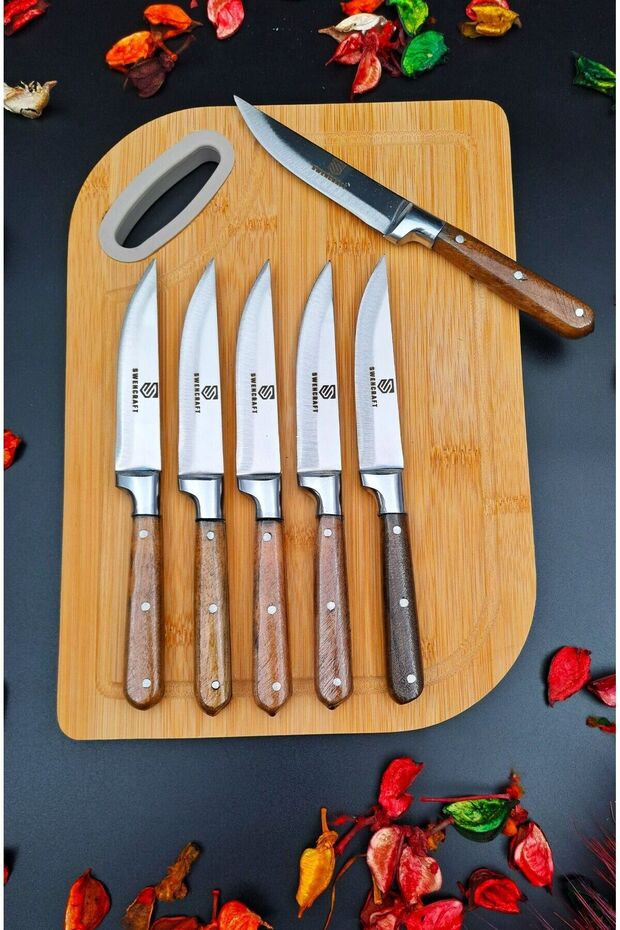 طقم سكاكين للمطبخ والفواكه والخضروات من Steak Meat مع لوح تقطيع سلطة للعرض ومجموعة مهر مكونة من 7 قطع