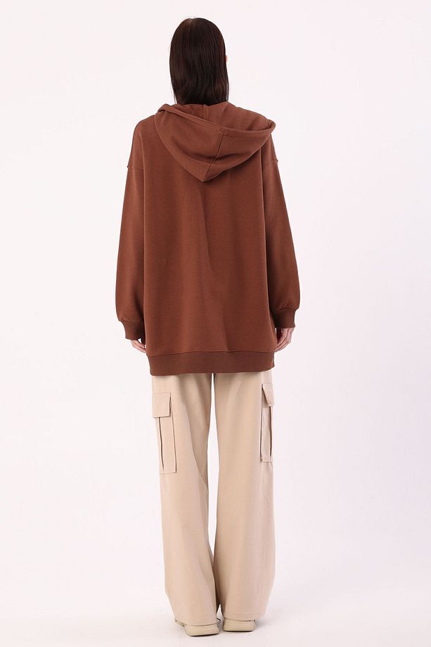 Açık Kahve Kanguru Cepli Oversize Sweat Hırka - 4