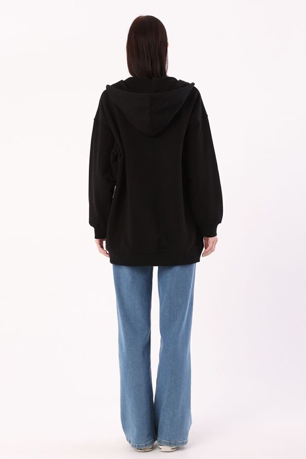 Siyah Kanguru Cepli Oversize Sweat Hırka - 4