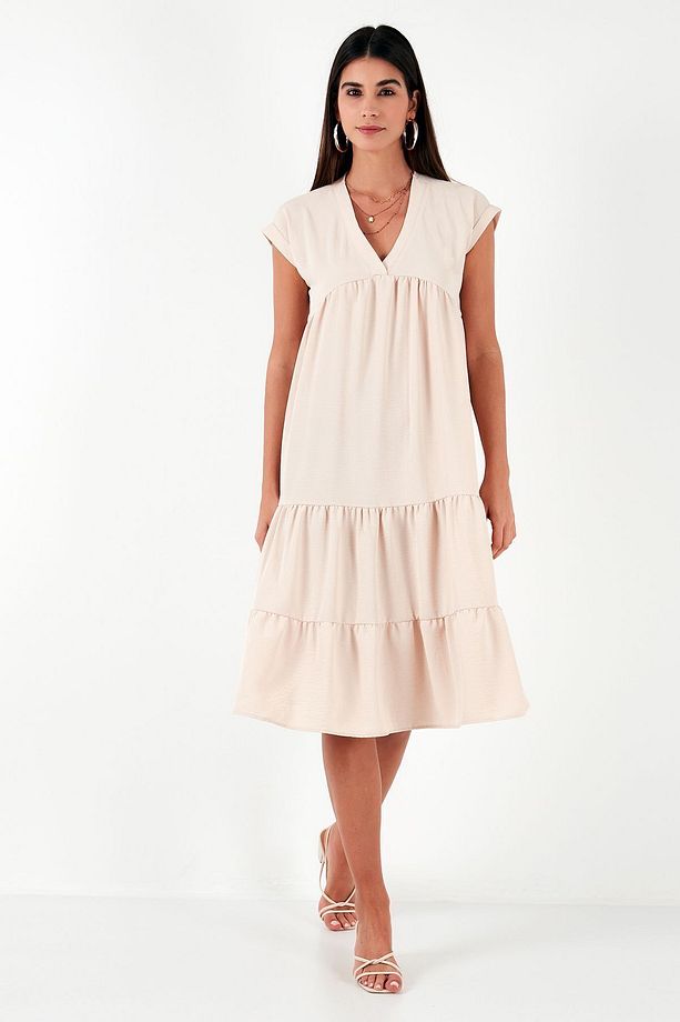 Relaxed Fit V Yaka Volanlı Midi Elbise  ELBİSE 66923982S4 - 4