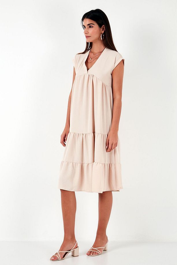 Relaxed Fit V Yaka Volanlı Midi Elbise  ELBİSE 66923982S4 - 5