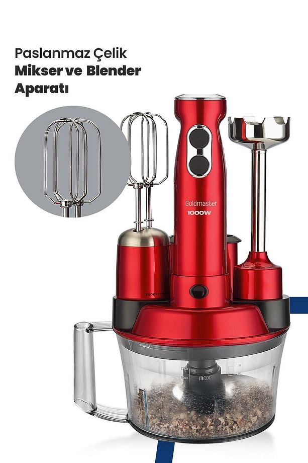 Elenamax Kırmızı 1000 Watt Hız Ayarlı %100 Bakır Motor 5 In 1 Mutfak Robotu Multi Blender Seti - 5