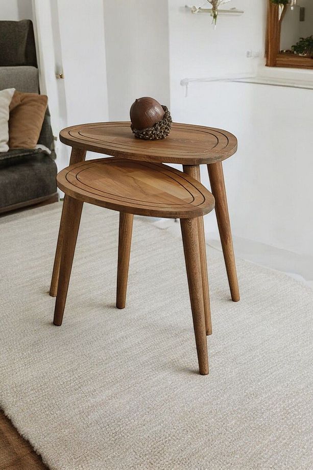 Masif Doğal Ahşap Zigon Sehpa 2'li Set, Modern Masif Yan Sehpa - 1
