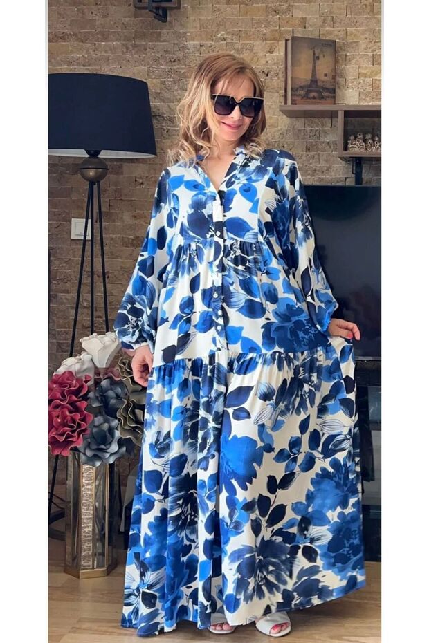 Viscose Fabric Loose Fitted Dress with Flower Pattern
