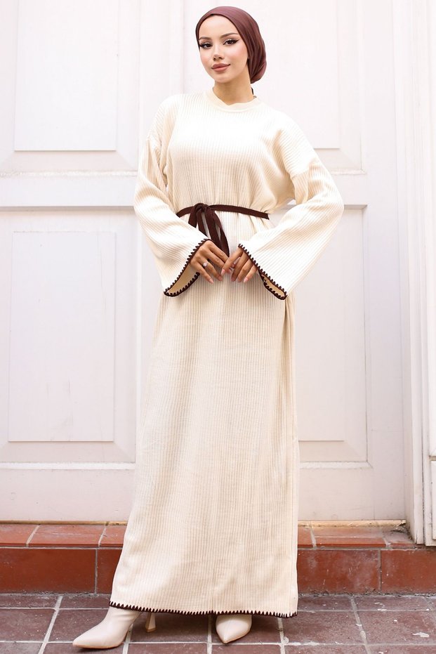 11040-17 Embroidery Detailed Knitwear Dress Stone Color