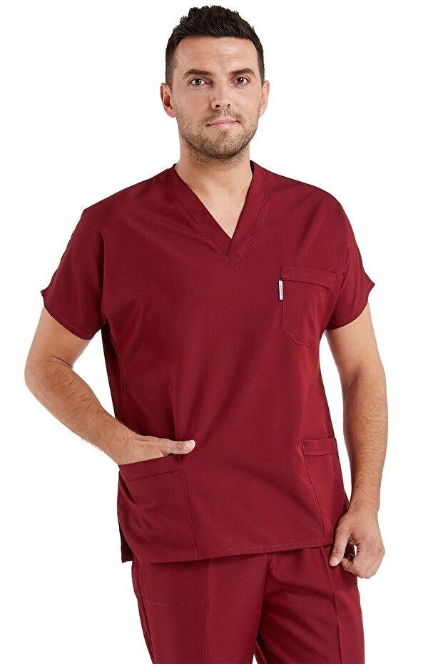 Men's Burgundy Lycra Thin Fabric Scrubs Doctor Nurse Jersey Bat Sleeve Surgical Suit