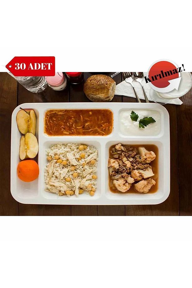 30 Adet Kırılmaz Tabldot Tabak, Self Servis, Yemekhane, Okul, 5 Bölmeli, Tabilot, Tabildot, Lokanta - 3