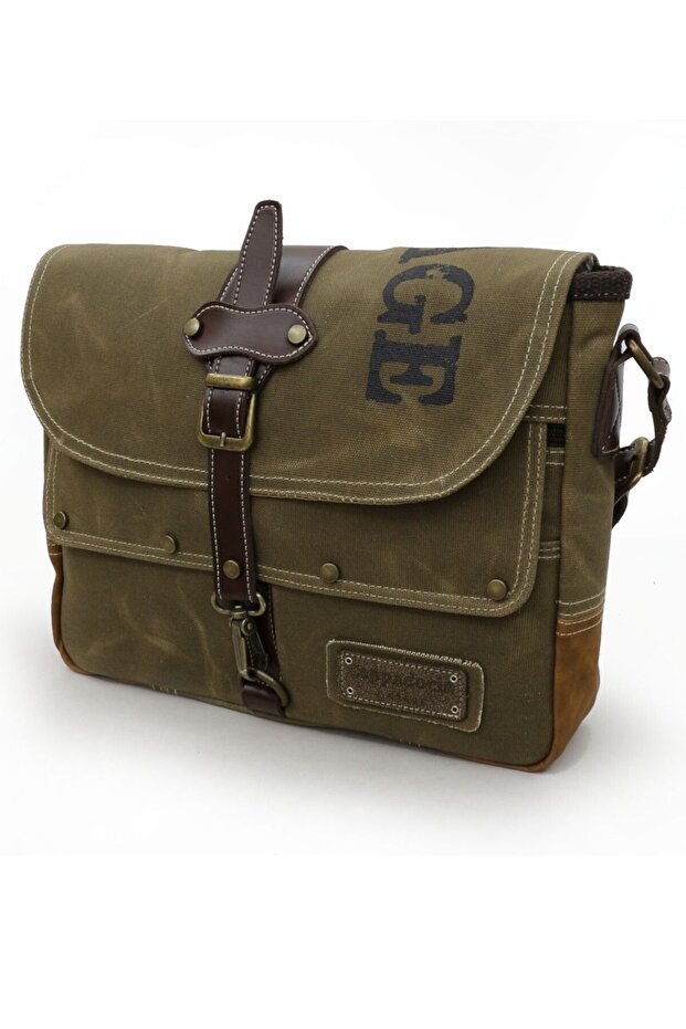 4047 Antiochia GL Genuine Leather Light Brown Shoulder Postman School Water Resistant Waxed Canvas Laptop Bag