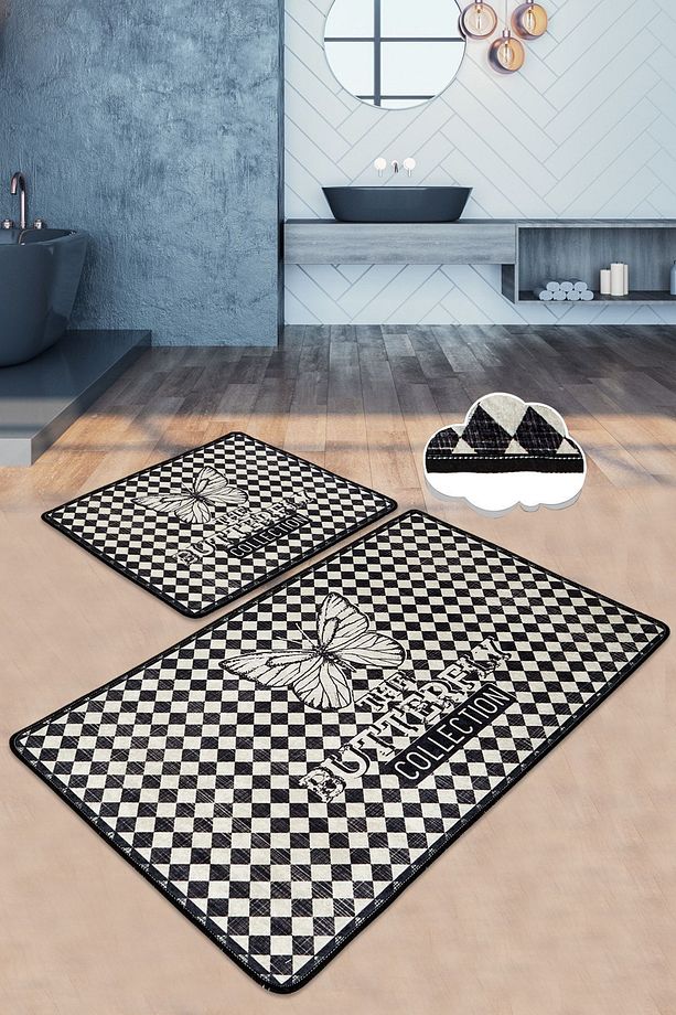 Kareli Kelebek 2'li Set Banyo Paspas Seti,paspas Takımı,klozet Takımı Djtbanyo - 1