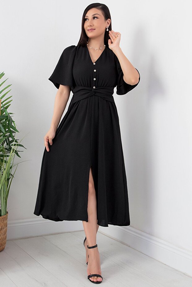 Önü Düğmeli Baplamalı Kemerli Elbise GRS3484 - 5