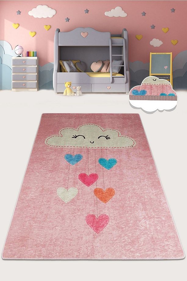 Baby Cloud Pembe Çocuk Ve Bebek Halısı , Kaymaz Taban , Yıkanabilir. Djth - 1