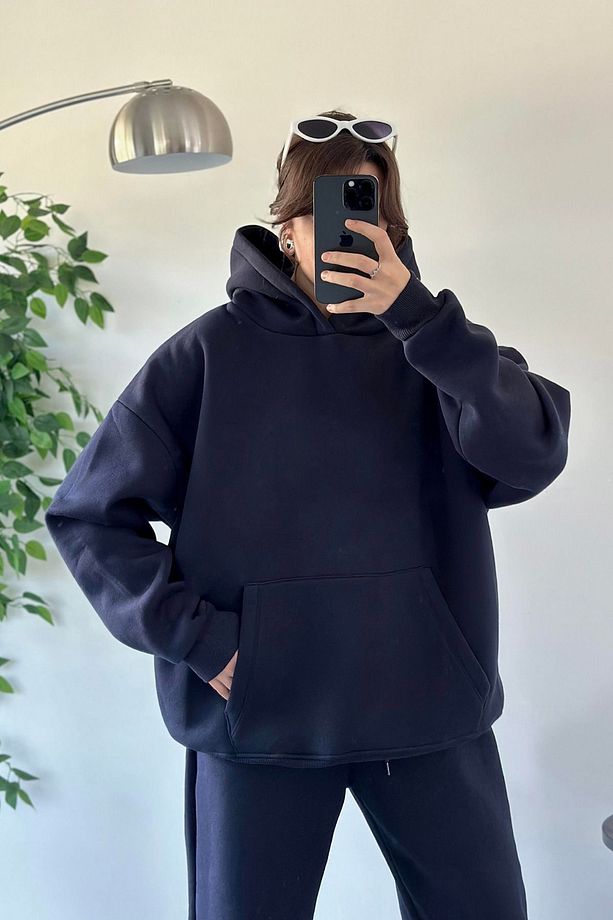 Kadın Oversize Trend  Model Kanguru Cep Kapşonlu Sweatshirt Eşofman Takımı - 8