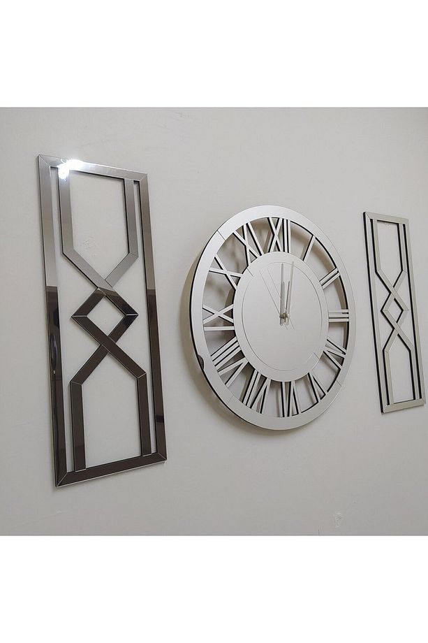 Modern Dekoratif Gümüş Aynalı Plexiglass Duvar Saati, 2 Adet Kum Saati Tasarım Tablo 3 Parça Set - 2