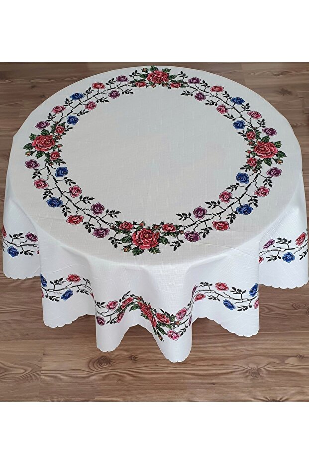 مفرش طاولة دائري من قماش البوليستر المطبوع بنمط غرز متقاطعة مع الورود الملونة (150 × 0 سم)