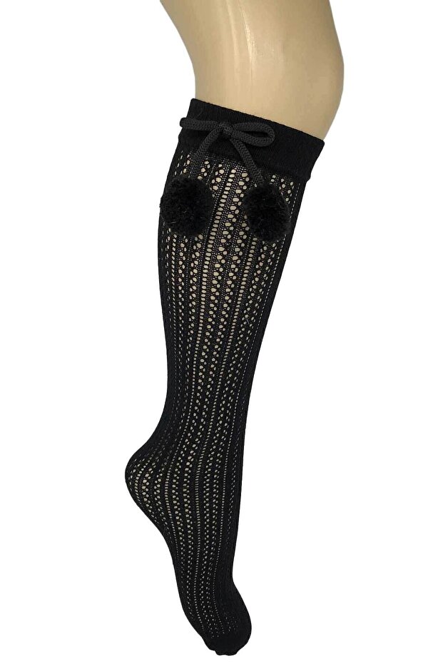 Girl's Black Fairy Pompom Knee-high Socks