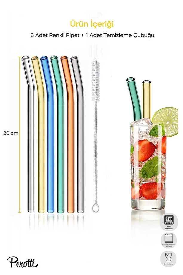 Straw 6'lı Renkli Cam Eğimli Isıya Dayanıklı (Borosilikat) Pipet Ve 1 Adet Pipet Temizleme Fırçası - 1