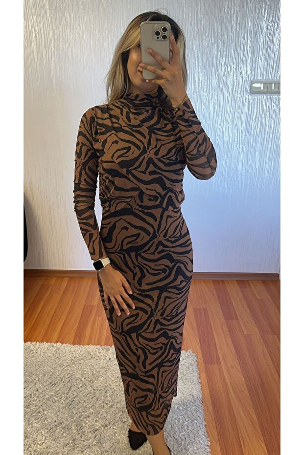 Kahve Siyah Zebra Desen Tül Elbise - 4