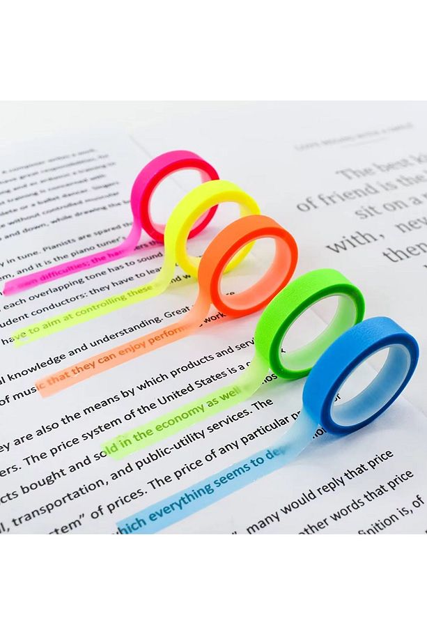 5'li Neon Renkler 25 Metre Yapışkanlı Şeffaf Postit Seti - 1