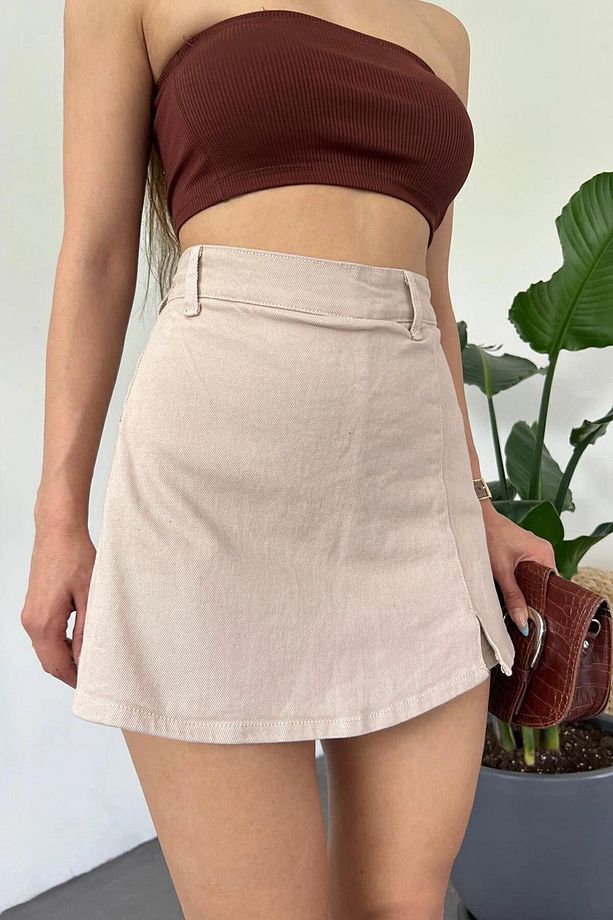 Kadın Bej Yırtmaç Detaylı Denim Şort Etek Bcdf-243309 - 1