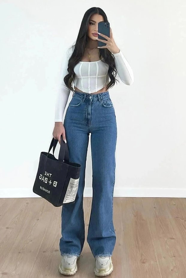 A.C.A.I.P Medium Blue Lycra Super High Waist Wide Leg Denim Palazzo Pants