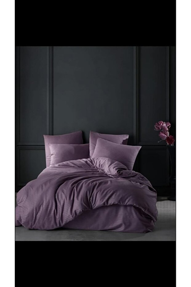 1 cm Striped Plum Satin Duvet Cover Set Double