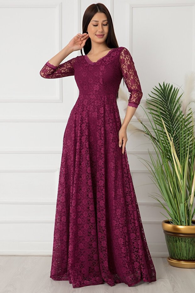 Kristy 3810-2 V Yaka Dantel Uzun Elbise - 2