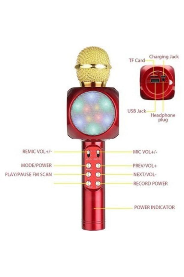 Ws1816 Bluetooth Hoparlör Led Işıklı Karaoke Mikrofon Kırmızı - 2