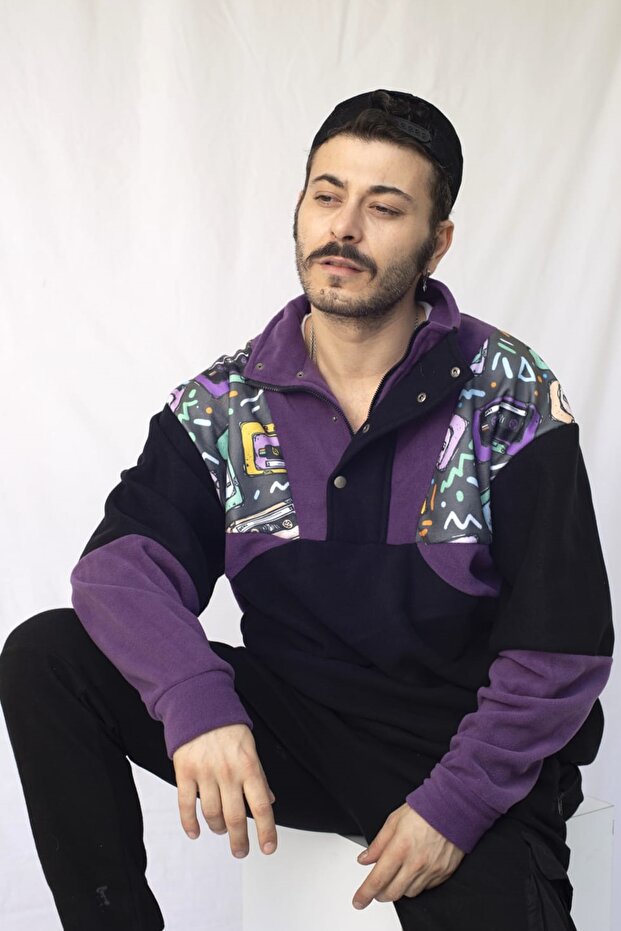 Women Men Purple Black Half Zipper Fleece