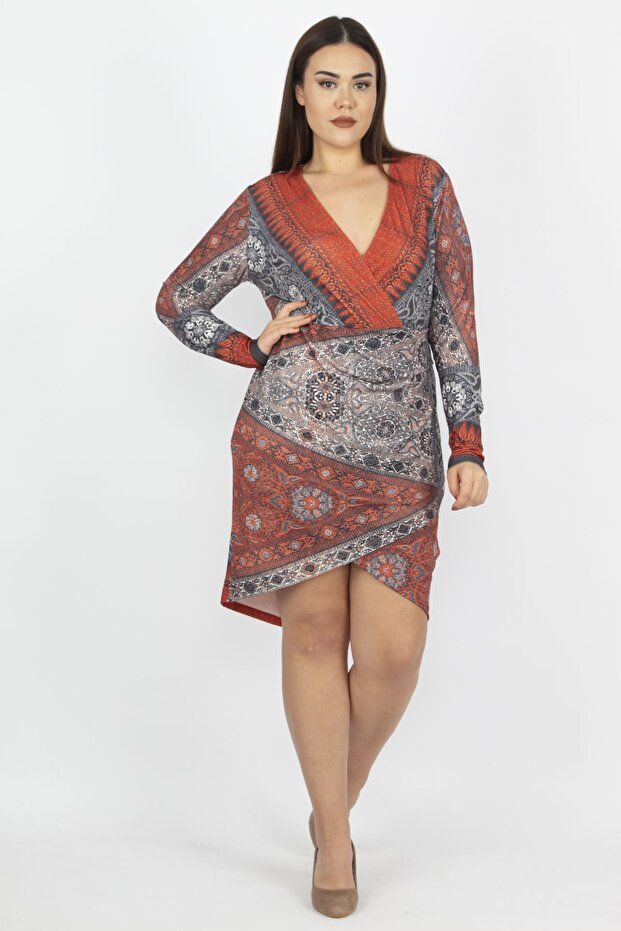 Women's Plus Size Tan Wrap Collar Front Detailed Dress 65n27084