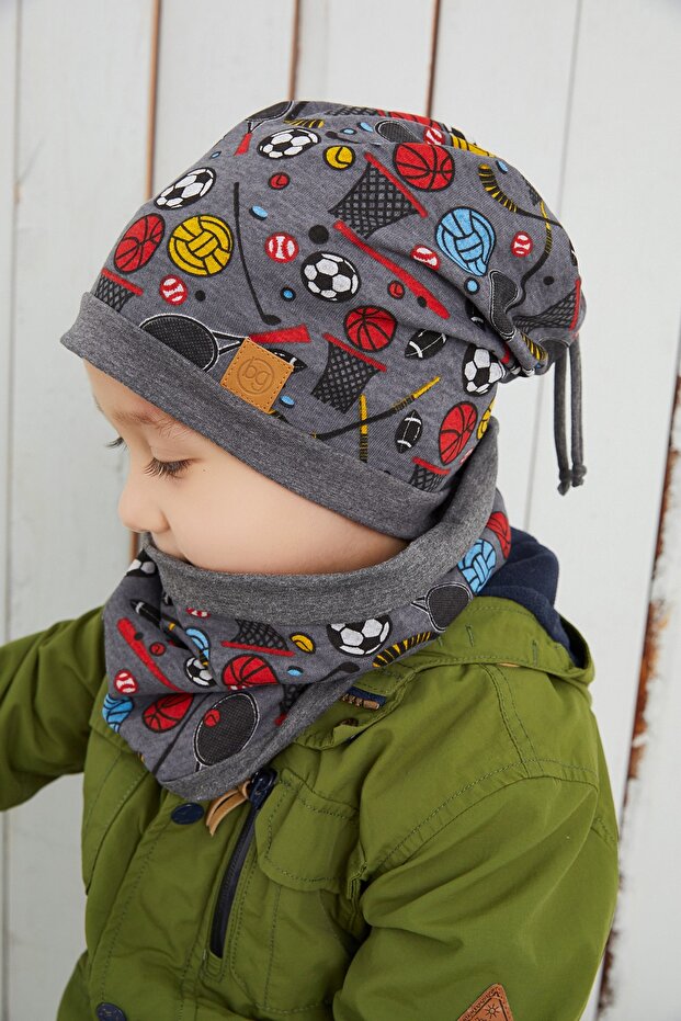 Boy's Smoked Sports Beanie Neck Collar Set Soft Double Layer 100% Natural Cotton Combed Cotton